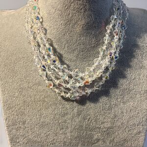 VTG Aurora Borealis 4 Strand Graduated Faceted Crystal Choker Necklace 14" Hook